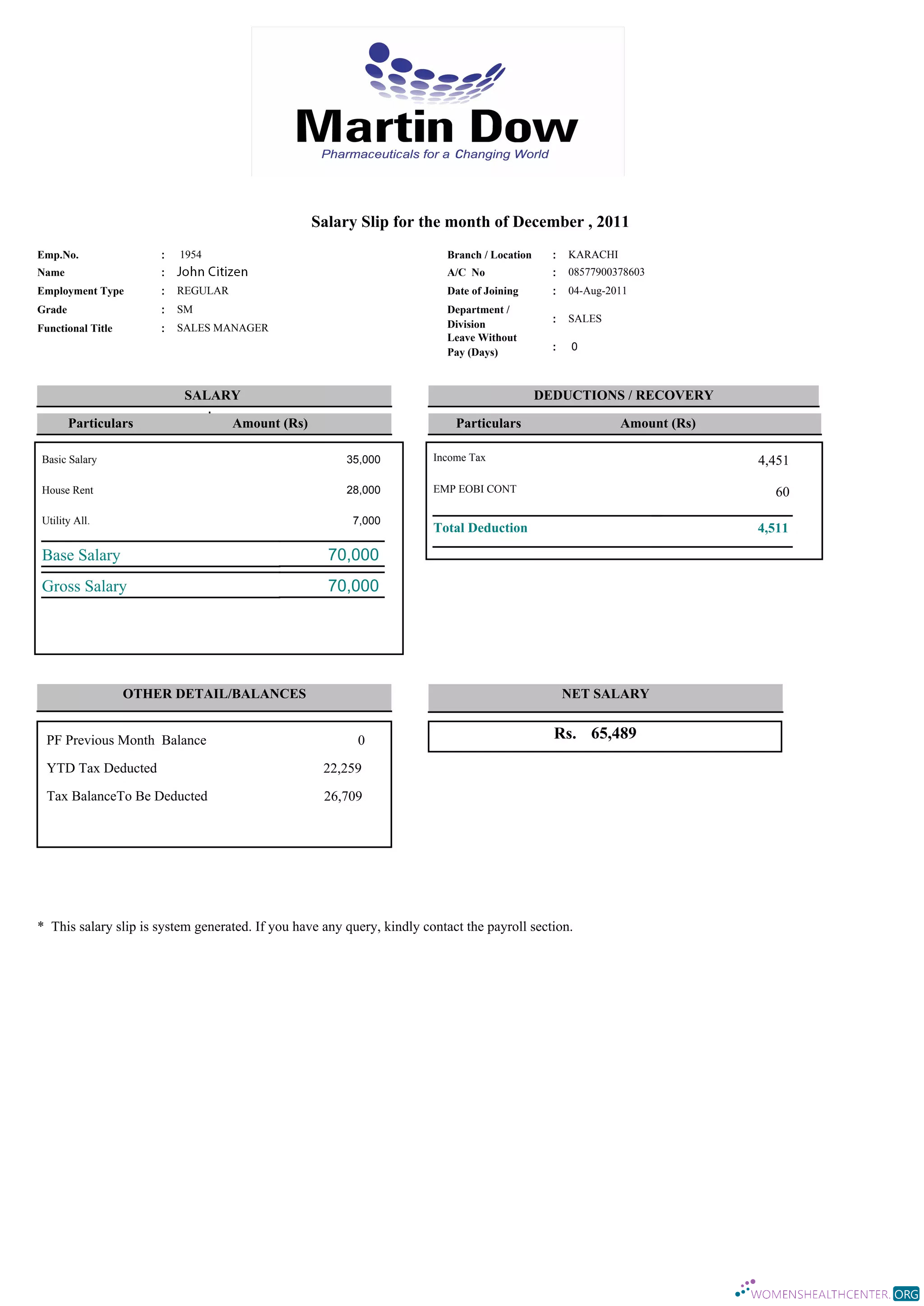 Download PAKISTAN MARTIN Dow paystlip template in Word and PDF formats Photoshop template